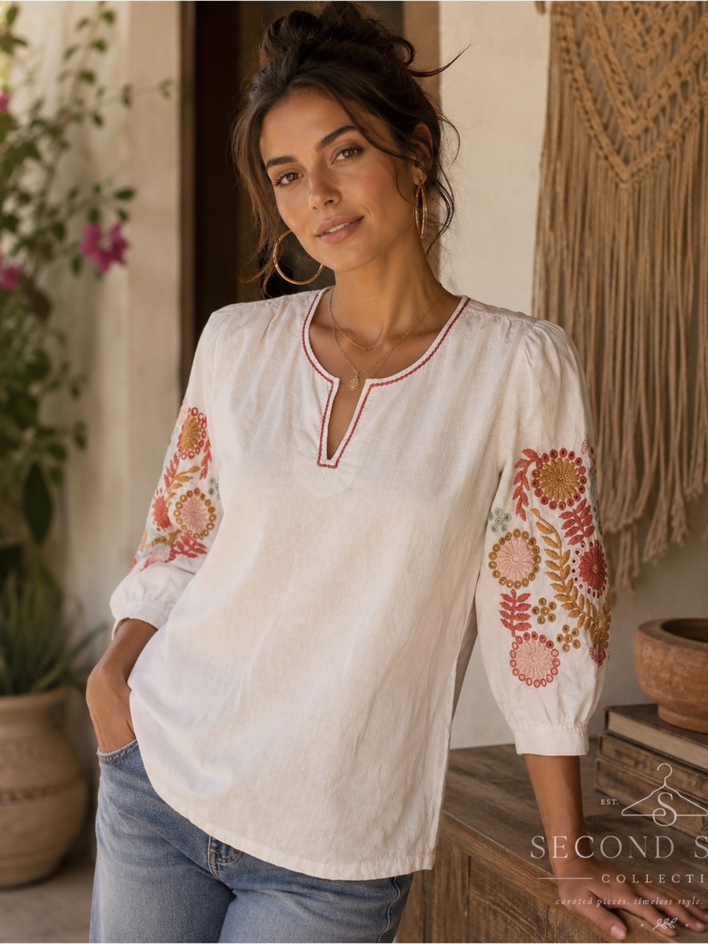 Madewell Embroidered-Sleeve Blouse Boho Top Women’s XS  100% Cotton